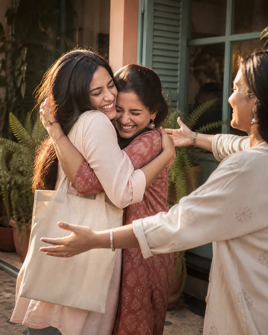 Two women greeting each other for the first time.